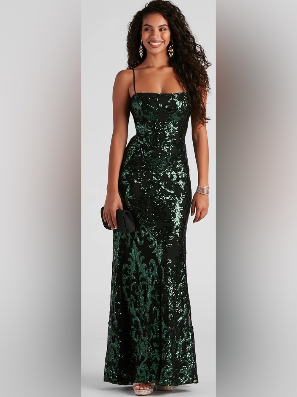 Windsor Emerald Green Sequin Spaghetti-Strap Prom Gown